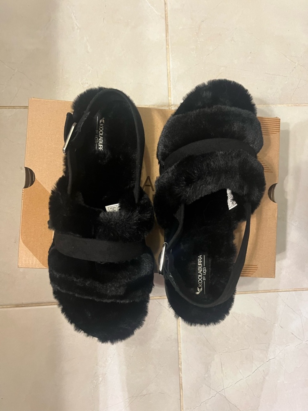 Koolaburra Plush Black Faux Fur Slide Sandals with Strap